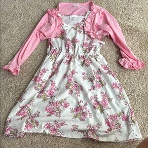 Floral Pink and White Kids Dress With Pink Cardigan